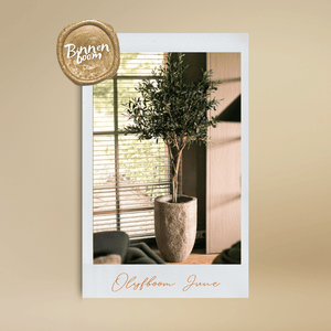 Foto van kunstolijfboom June, speciaal ontworpen voor binnenruimtes. De boom toont realistische bladeren en olijven, geplaatst in een elegante pot. De setting omvat een smaakvol interieur met zachte verlichting, waardoor een rustige en uitnodigende ambiance ontstaat.
